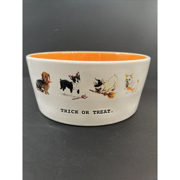 Rae Dunn Halloween Dog Bowl Trick Or Treat White Orange Inside XL 8" Big‎ Dog - Picture 1 of 4
